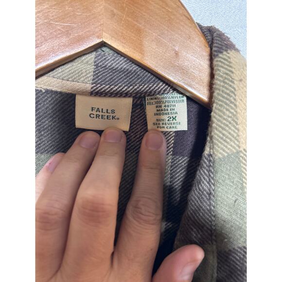 VTG Falls Creek Shacket 2X Brown Green Plaid Flannel Shirt Jacket Quilt Lined - Picture 7 of 11